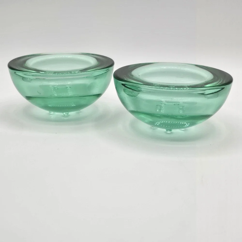 Vtg Pair Green Candlestick Holders Tealight Candle Glass‎ 50s 60s 70s